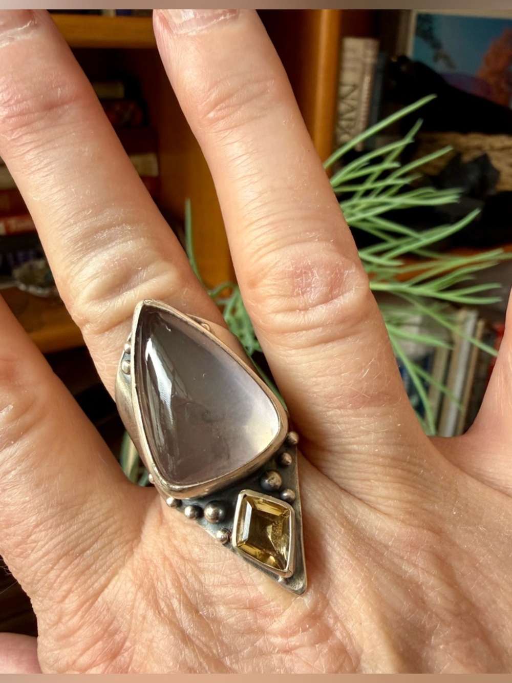 Acid Queen Warrior Shield Ring, Rose Quartz and Citrine, Size US 8 - Picture 2 of 9
